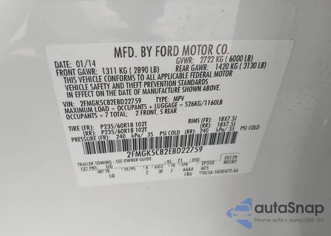 2014 Ford Flex Sel z USA, uszkodzony, nr VIN 2FMGK5C82EBD22759